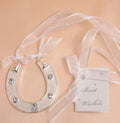 white enamel horseshoe shape; five embedded clear crystals; attached sheer white ribbon; small Best Wishes tag; silver-tone metal edges;