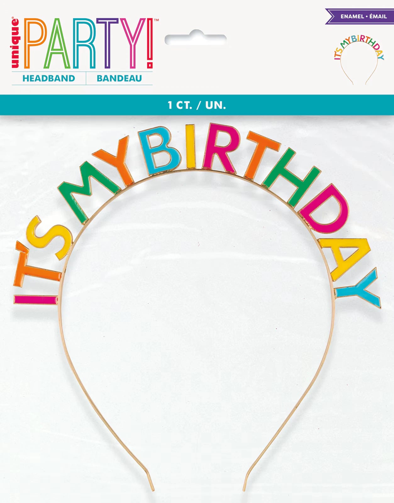multicoloured enamel letters; metal thin headband; text 'IT'S MY BIRTHDAY' in uppercase letters; packaged with branded header card; letters outlined in gold;