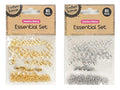 gold tone jewellery findings and chains; silver tone jewellery findings and chains; 81 pieces in each set; clear plastic packaging with cardboard header; kraft paper style header with 'Essential Set' text;