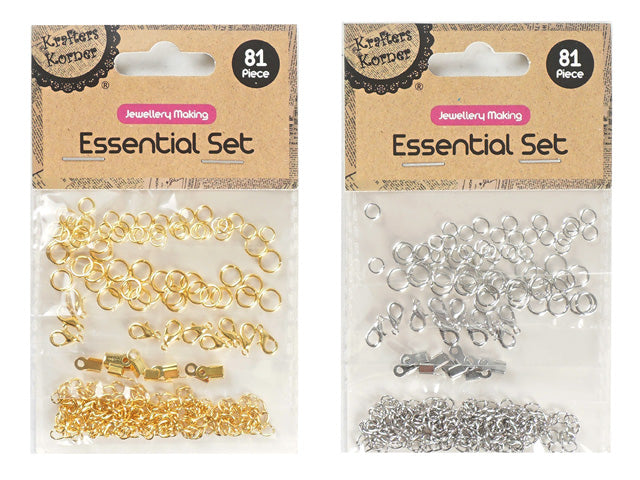 gold tone jewellery findings and chains; silver tone jewellery findings and chains; 81 pieces in each set; clear plastic packaging with cardboard header; kraft paper style header with 'Essential Set' text;