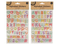 colourful alphabet stickers; various vibrant patterns; raised EVA foam material; stickers on clear plastic sheet; packaged with kraft paper header;