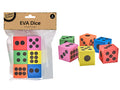 Six foam dice cubes; Bright colours: red, pink, green, yellow, blue, orange; Black large dot markings; Cubes approx. 3.7cm each; Packaged in clear plastic with cardboard label;