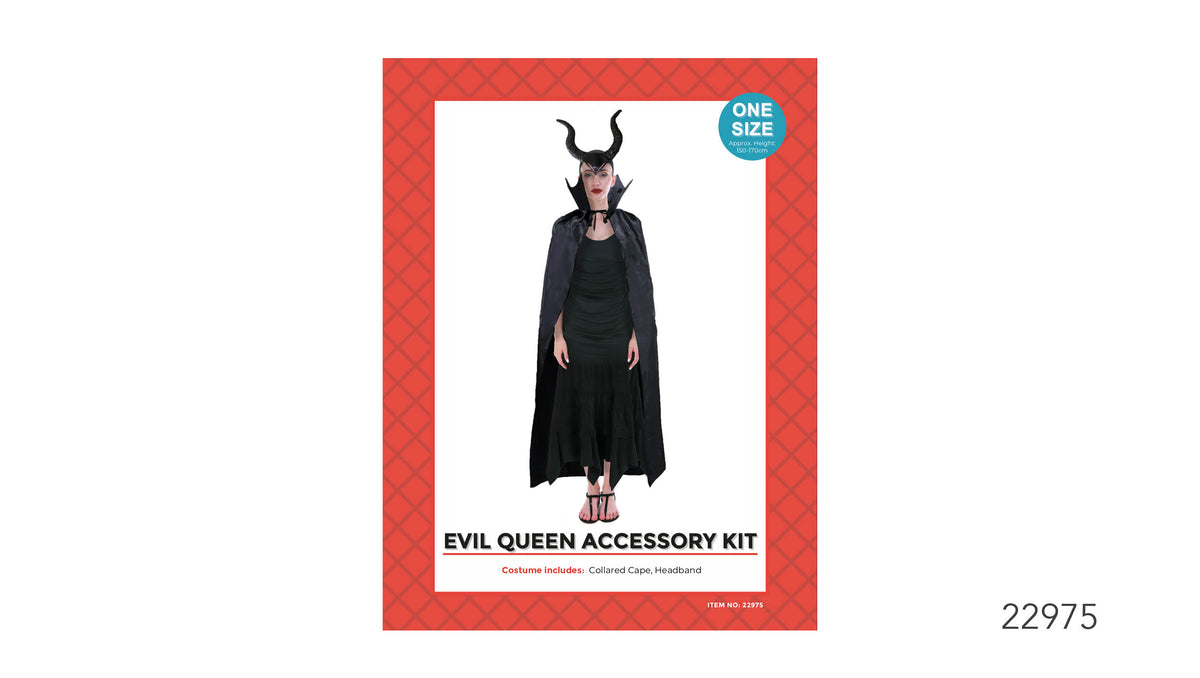 Black cape with a raised, pointed collar; Black headband with two curved horns; Red patterned product packaging; Packaging states one size and approximately 150–170 cm height;