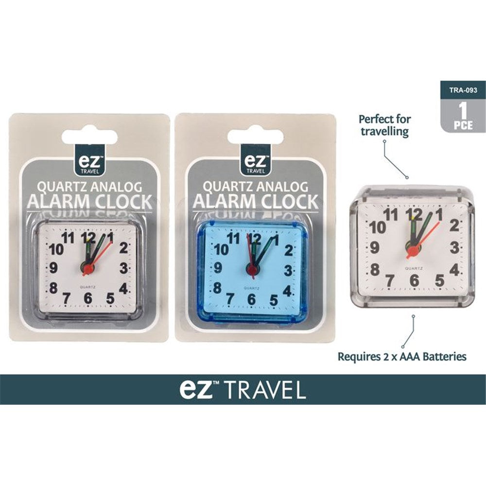 square shape; transparent plastic casing; white clock face with black numbers; red second hand; packaged in blister pack;