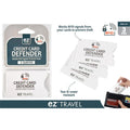 3 pack of white RFID blocking card sleeves; EZ Travel branding on packaging and sleeves; packaging shows tear and water resistance; includes labelled retail packaging; image shows sleeve being used with wallet;
