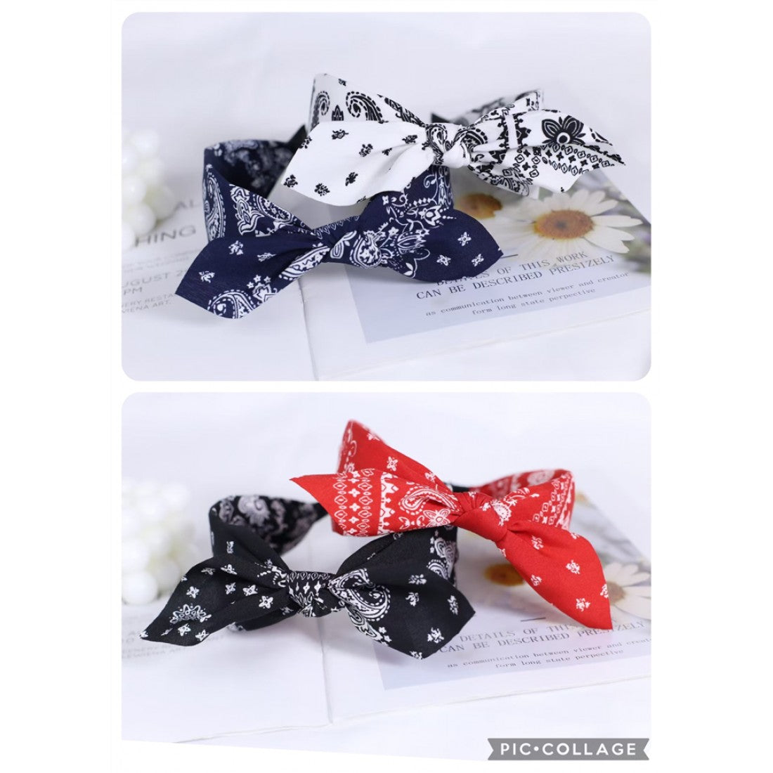 Fabric headbands with paisley bandana-style print; Prominent bow knot detail at the top; Colours shown include navy, white, black and red; Soft, flexible band shape suitable for wrapping around head;