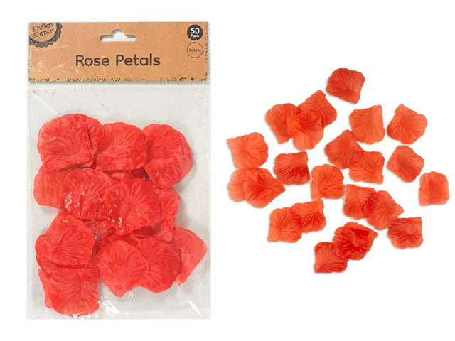 bright red colour; scalloped petal edges; soft fabric material; packaging with label; 50 petals per pack;