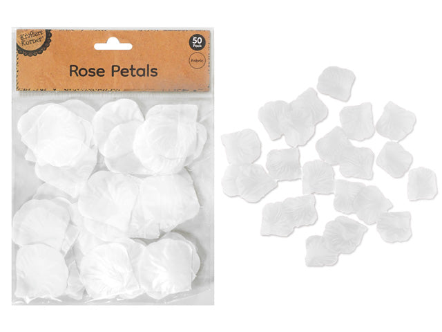 White fabric rose petals; Pack of 50; Petals have soft texture; Neutral white colour; Clear packaging with brown header;