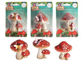 Red mushrooms with white spots; Two mushrooms joined together; Natural coloured stems; Small decorative insects on mushrooms; Packaged on green and white card backing;