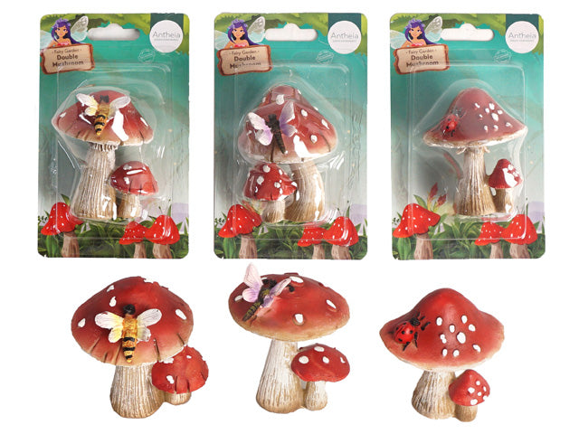 Red mushrooms with white spots; Two mushrooms joined together; Natural coloured stems; Small decorative insects on mushrooms; Packaged on green and white card backing;