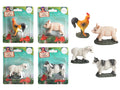 plastic figurines; painted detail; farm animal shapes: rooster, pig, sheep, cow; green grass-like base; blister pack packaging;