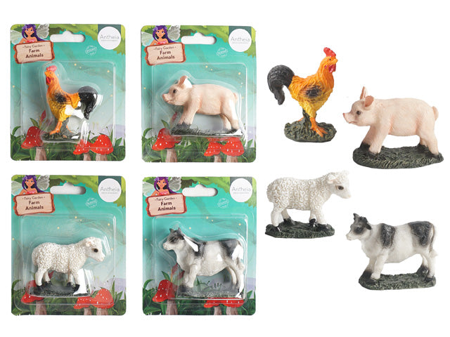 plastic figurines; painted detail; farm animal shapes: rooster, pig, sheep, cow; green grass-like base; blister pack packaging;