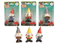 resin gnome figurine; hand-painted detail; various coloured hats (red, yellow, grey); holding garden themed items (welcome sign, plant, tool); packaged on card backing with fairy garden branding;
