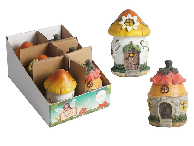 Large mushroom house shape; Bright yellow and orange mushroom caps; White and stone-like textured bases; Door and window details on houses; Packed in cardboard display box;