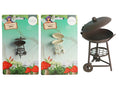 miniature BBQ model; metal material; dark brown and cream colour options; wheels and hinged lid details; packaged on illustrated card with mushrooms;