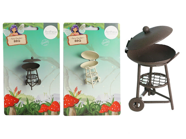 miniature BBQ model; metal material; dark brown and cream colour options; wheels and hinged lid details; packaged on illustrated card with mushrooms;