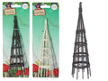 cone-shaped metal trellis; dark grey colour; woven metal rings around cone; pointed top design; attached to green backing card with fairy garden branding;