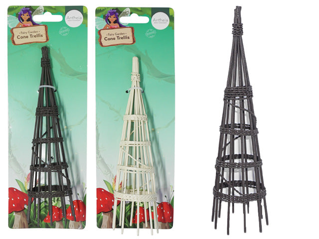 cone-shaped metal trellis; dark grey colour; woven metal rings around cone; pointed top design; attached to green backing card with fairy garden branding;