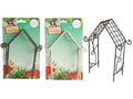 Metal garden arch with roof structure; Available in white and rust brown colours; Decorative curled side and roof details; Designed for small fairy or miniature gardens; Packaged on illustrated garden-themed card;