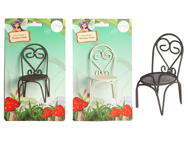 Metal miniature chair; Black colour; Ornate swirled backrest; Mesh seat; Packaging with fairy garden artwork;