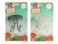 metal material; intricate looped tabletop design; three curved legs; available in black and white finish; packaged on illustrated card with fairy theme;