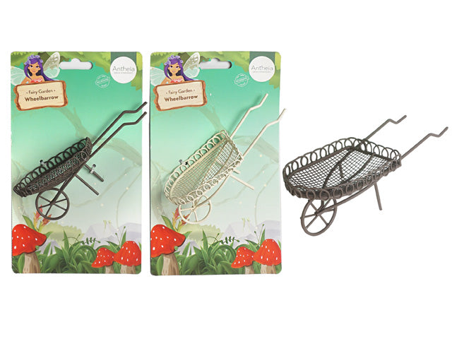 small metal wheelbarrow for fairy garden; available in antique white and rustic bronze colours; oval shallow mesh tray base; decorative circular rim edging; single front wheel with two angled handles;