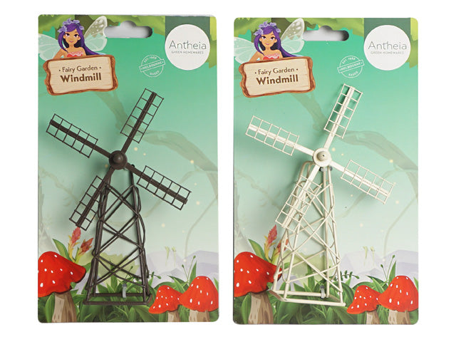 metal construction; windmill shape with four blades; black and white colour options; packaged on card with fairy garden design background;
