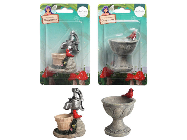 miniature garden ornaments; two designs: water pump with bucket and birdbath; grey stone-like texture; red bird detail on each ornament; packaged in blister packs with green backing;