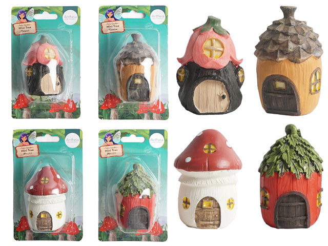 small tree house figurine; hand-painted with natural colours; mushroom and tree shapes; packaged in clear blister with green backing card; features small windows and doors;
