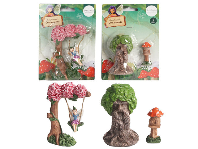 resin material; two-piece set; tree with pink flowers and fairy on swing; tree face with green leaves and mushroom house; natural colours;