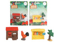 Two-piece sets including miniature chicken coop with rooster; Miniature stall with bottles and palm tree; Bright colours: red roof, yellow stall, green palm tree; Small, detailed resin or plastic figures; Packaged on card backing with hanging hole;