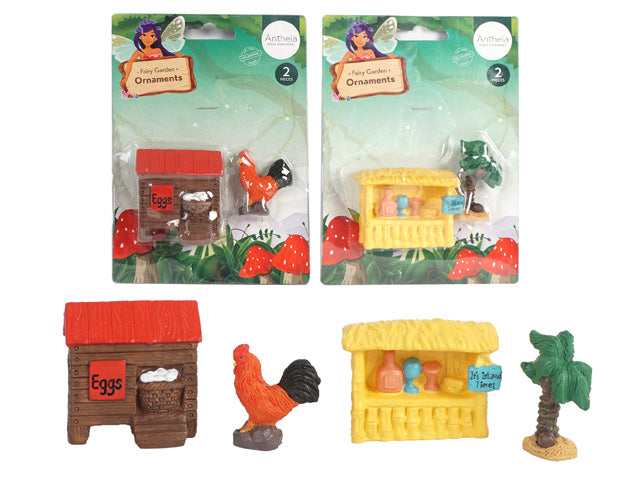 Two-piece sets including miniature chicken coop with rooster; Miniature stall with bottles and palm tree; Bright colours: red roof, yellow stall, green palm tree; Small, detailed resin or plastic figures; Packaged on card backing with hanging hole;