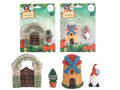 Two sets of ornaments shown, each containing two pieces; One set features a stone archway with a metal gate and a potted shrub; Other set includes a small windmill with blue blades and a red-roofed gnome figurine; Ornaments are colourful, detailed, and appear made of painted resin;
