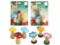 sets of three ornaments per pack; mushroom shapes with red, yellow, blue caps; flower shapes with pink, blue, orange petals and green stems; wood-like textured base on mushrooms and flowers; colourful and small decorative garden items;