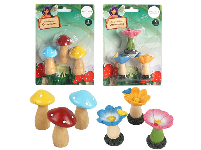 sets of three ornaments per pack; mushroom shapes with red, yellow, blue caps; flower shapes with pink, blue, orange petals and green stems; wood-like textured base on mushrooms and flowers; colourful and small decorative garden items;