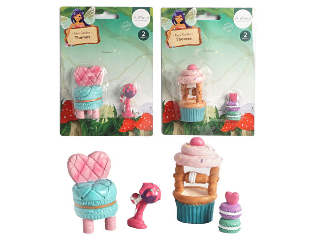 Two-piece sets in blister pack; Pastel colours including pink, blue, purple and green; Figurines include chair, flower and dessert theme; Made of lightweight material; Compact size with decorative shapes;