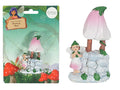 pink and white flower shaped canopy; small fairy figure with wings; stone well base with green leaf accents; compact resin figurine; packaged in branded blister card;