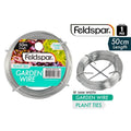 silver metal wire; coiled wire shape; label shows 50m length; label shows 1mm width; packaging includes Feldspar brand logo;