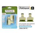 cream and green plastic adaptors; pack of 2; blister pack with green and blue card; fits 12mm connector; fits 20mm and 25mm taps;