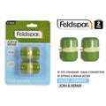 Green plastic hose menders; 2 pieces in a pack; Pressure seal system; Packaging shows grass background and blue label;