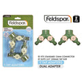 green plastic Y-shaped adaptors; cream coloured locking valves; fits 12mm connectors; suits 3/4 inch (20mm) tap size; pack of 2 adaptors in blister packaging;