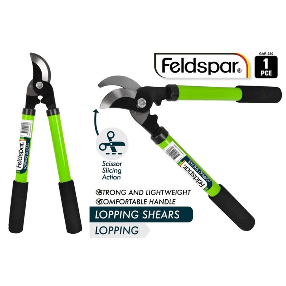green metal handles with black foam grips; curved cutting blades in scissor slicing style; 37cm length shown on label; black and green colour scheme;