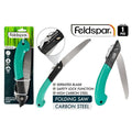 green ergonomic handle; foldable design; serrated metal blade; safety lock mechanism; product packaging card with branding;