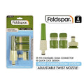 4-piece hose connector set; green and cream coloured fittings; plastic material; adjustable twist nozzle; packaged on blister card;