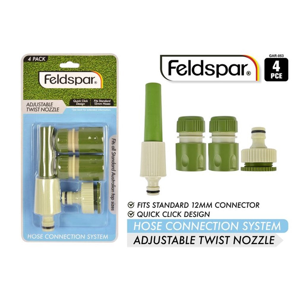 4-piece hose connector set; green and cream coloured fittings; plastic material; adjustable twist nozzle; packaged on blister card;
