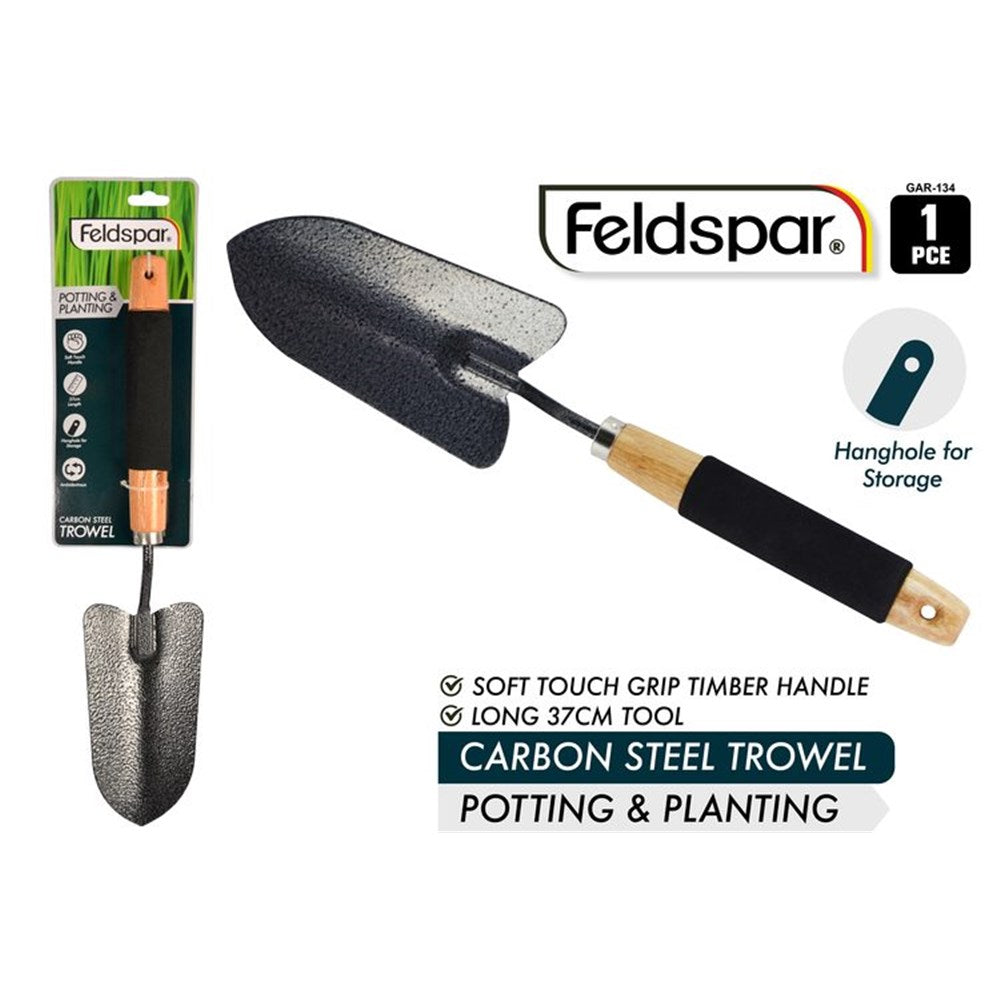 carbon steel blade with textured finish; soft black grip on timber handle; timber handle with hanghole; full tool length approximately 37cm;
