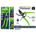 Green handle pruning shears; Spring loaded mechanism; Safety lock feature; Carbon steel blade; 20cm length;