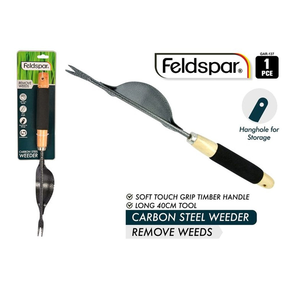 carbon steel blade with pointed forked tip; timber handle with black soft touch grip; hang hole at end of handle; tool length approximately 40cm; packaged on branded Feldspar backing card;