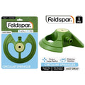 Green circular sprinkler with a beige centre; Made from plastic material; Designed to fit standard 12mm hoses; Compact size with three-legged base; Brand name Feldspar on packaging;