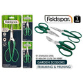Green plastic handles; Sharp pointed stainless steel blades; Assorted styles shown; Retail blister packaging with Feldspar branding;